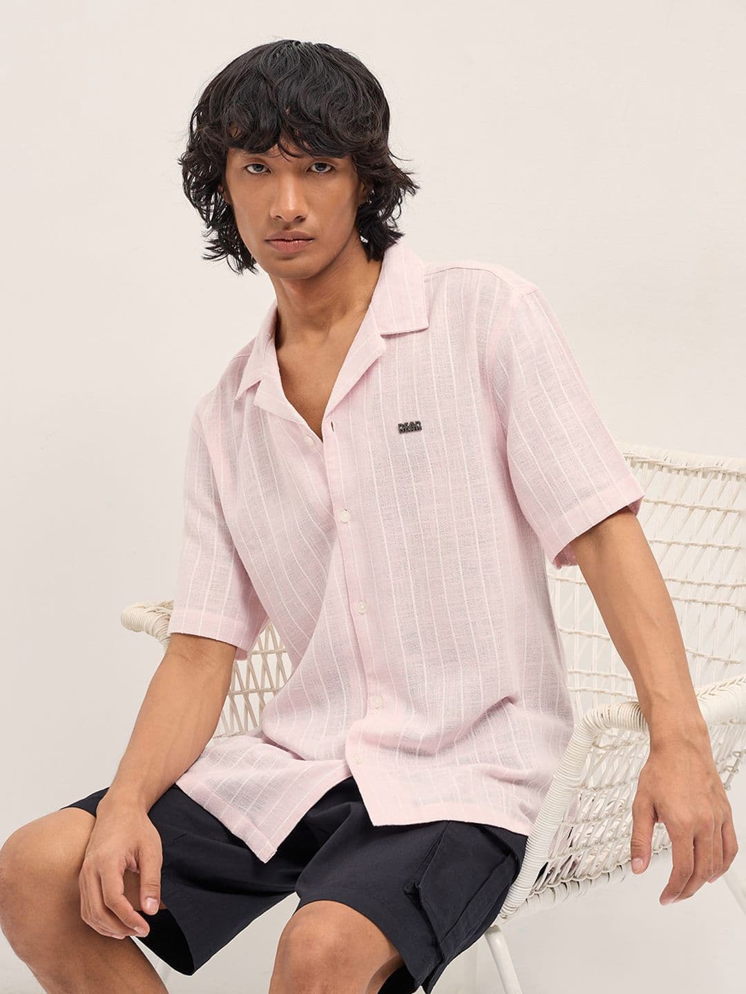 THE BEAR HOUSE Relaxed Fit Vertical Striped Short Sleeves Linen Shirt - view 1