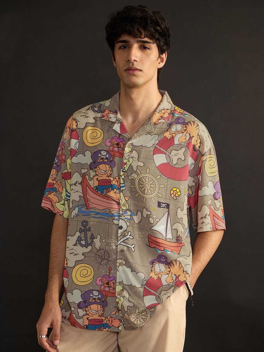 The Souled Store Garfield Men Cuban Collar Printed Rayon Oversized Shirts - view 1