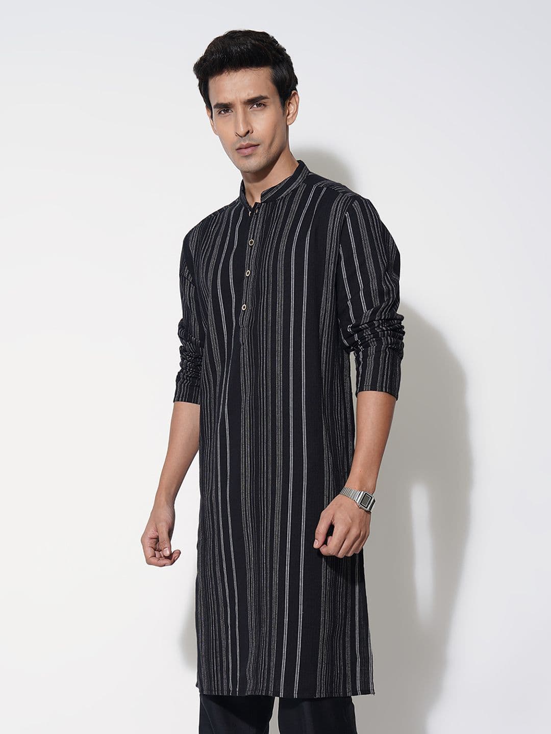 indus route by Pantaloons Striped Mandarin Collar Cotton Kurta - view 1
