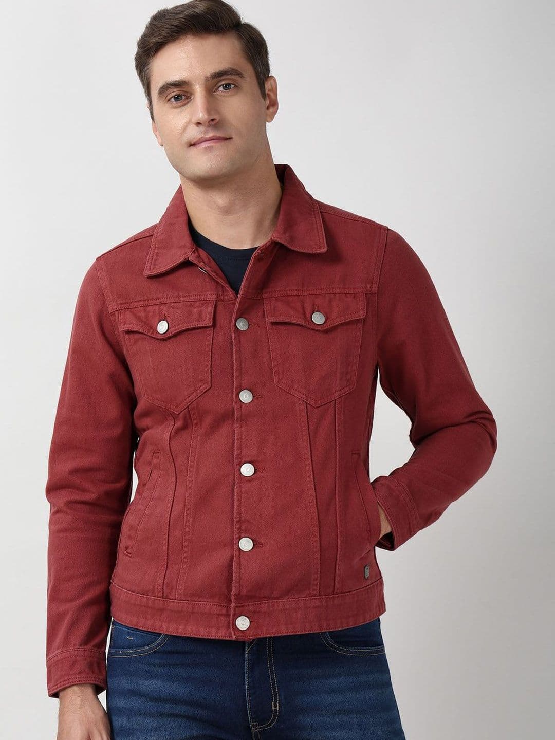 Peter England Casuals Men Spread Collar Solid Denim Jacket - view 1