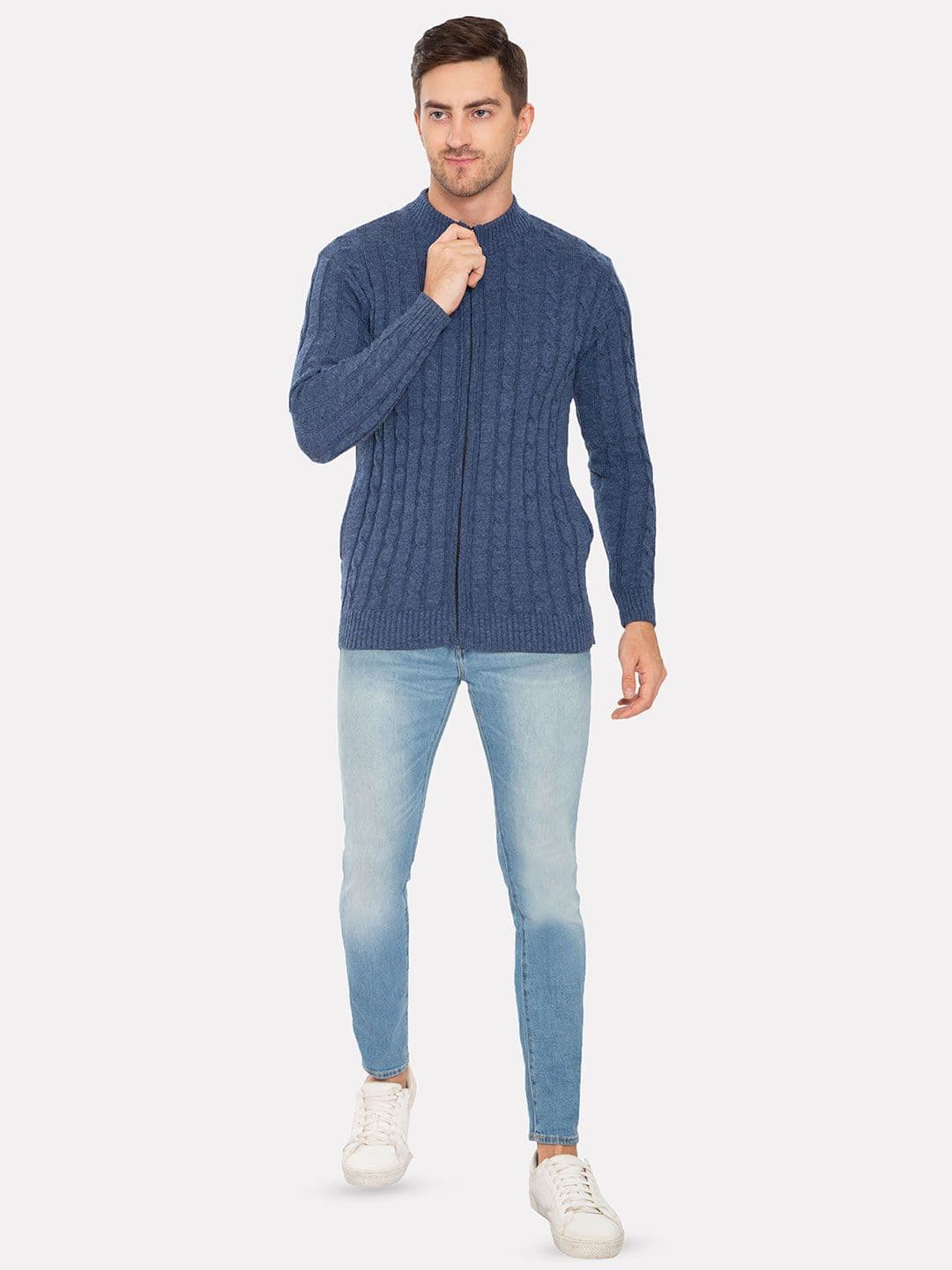 HAUTEMODA Men Cable Knit Mock Collar Woollen Front-Open Sweater - view 1