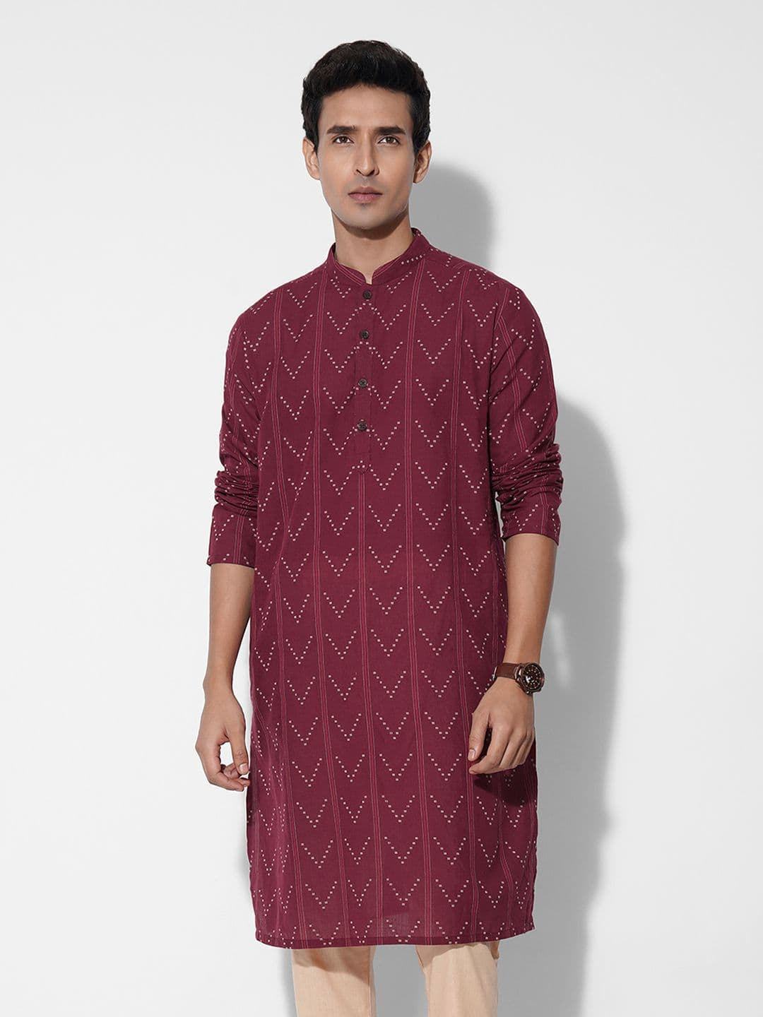 indus route by Pantaloons Men Geometric Striped Daily Pure Cotton Pathani Kurta - view 1
