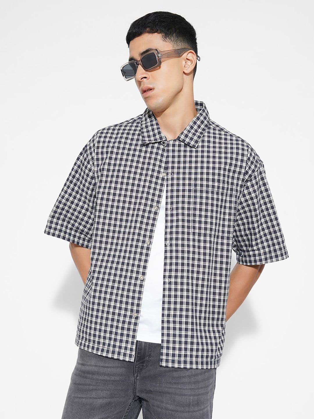 SF JEANS by Pantaloons Gingham Checks Checked Spread Collar Pure Cotton Boxy Shirt - view 1