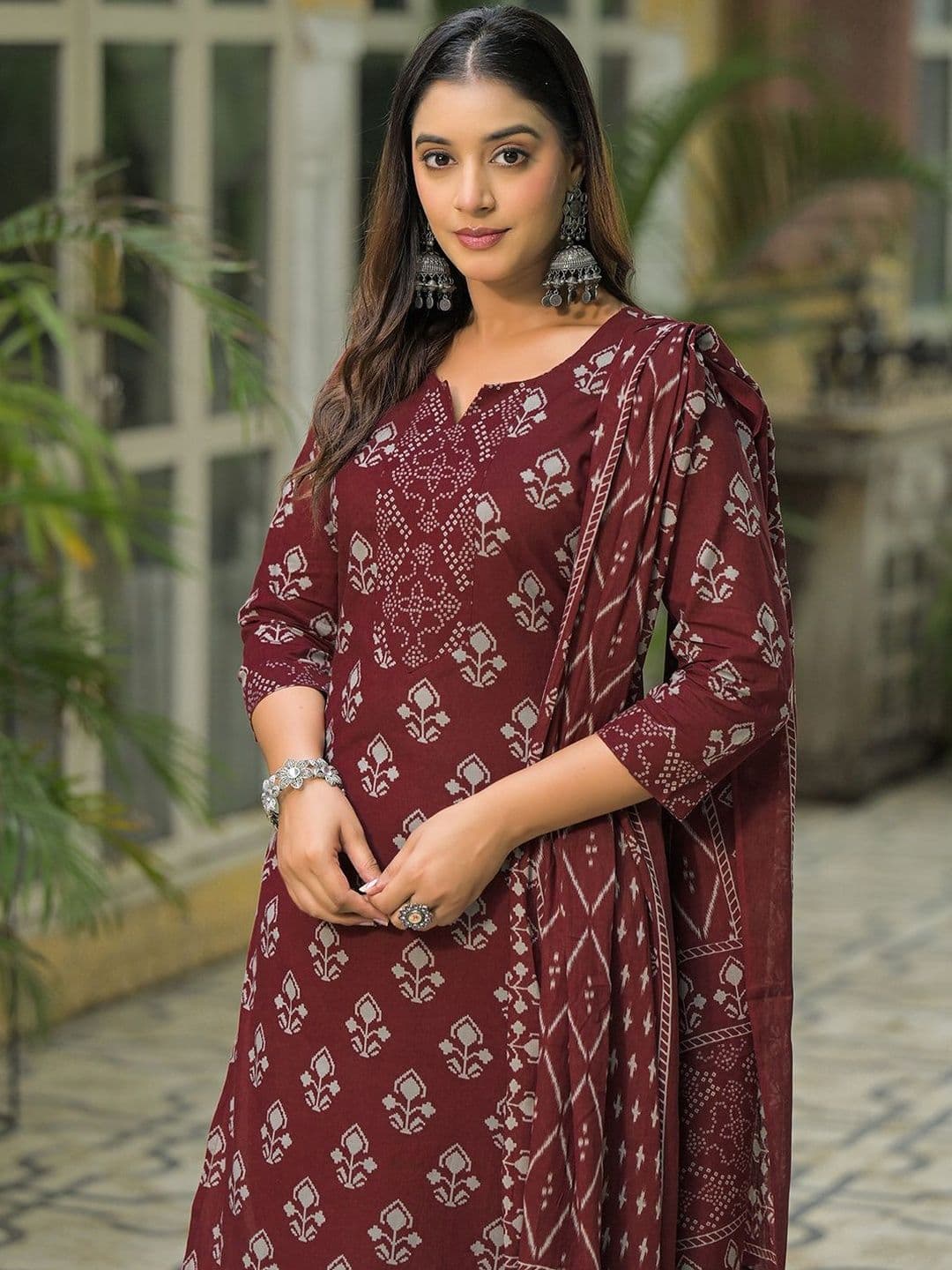 SANISA Women's Brown, Grey Cotton Printed Straight Kurta Trousers With Dupatta - view 1