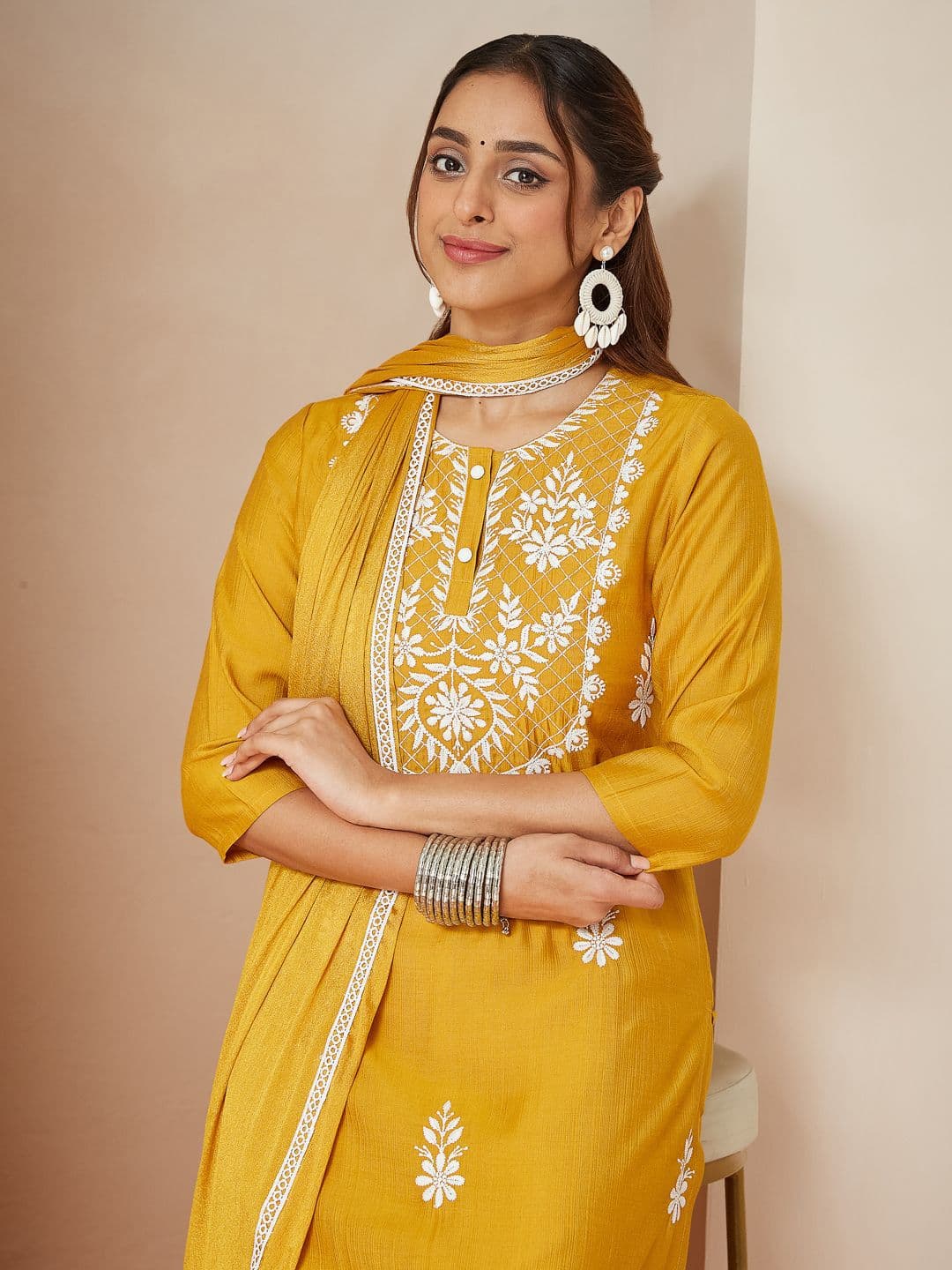 Janasya Women Mustard Silk Embroidered Straight Kurta Set - view 1