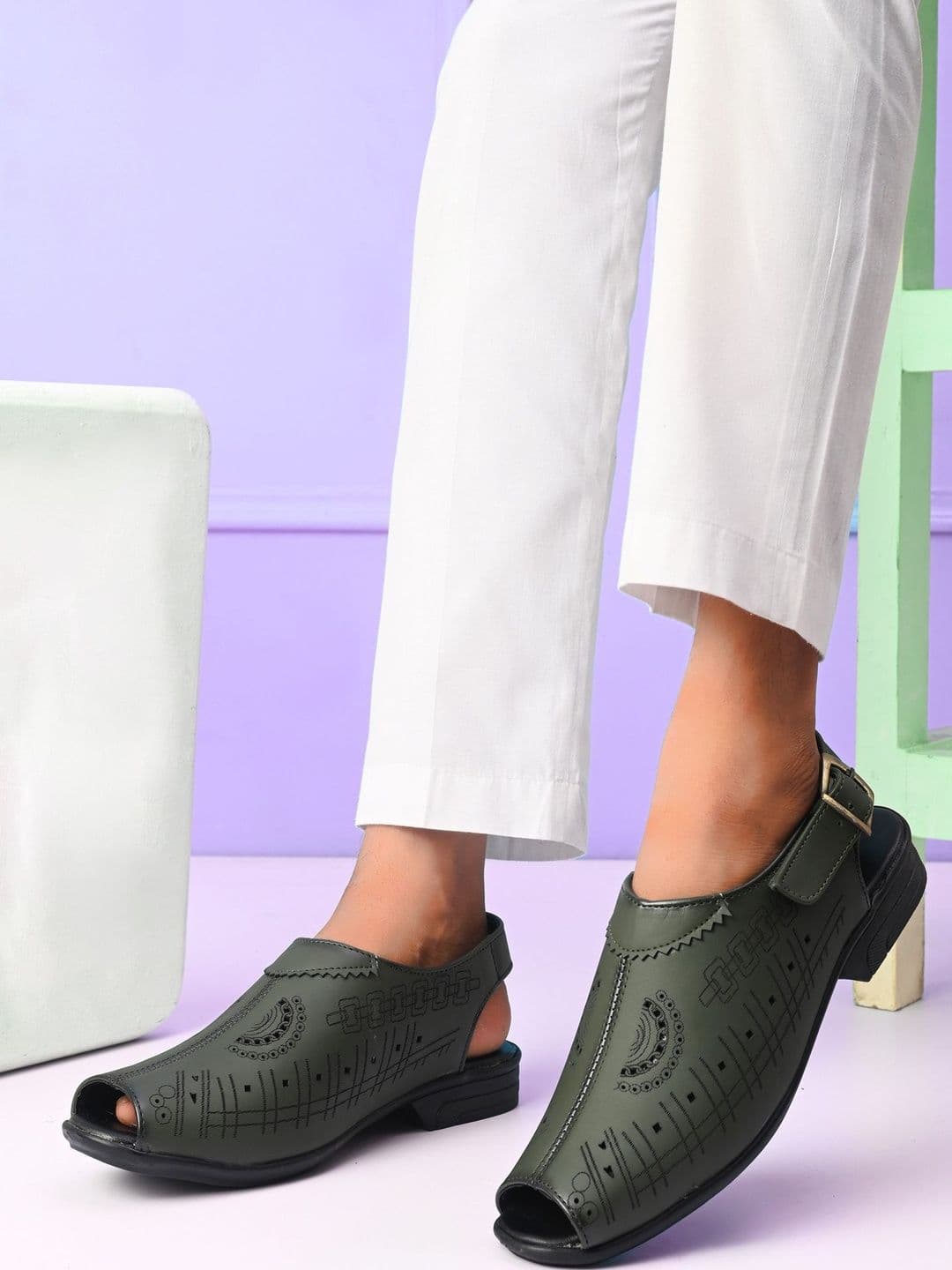 HERE&NOW Men Olive Synthetic Leather Comfort Sandals - view 1