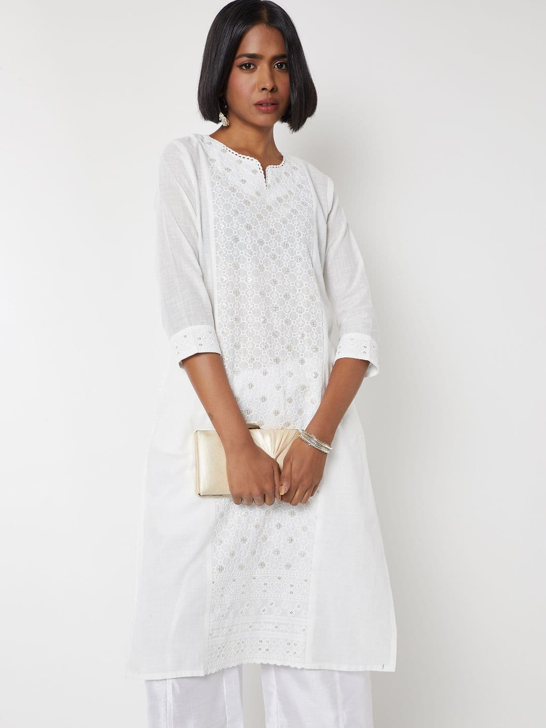 max Geometric Embroidered Notch Neck Thread Work Cotton Straight Kurta - view 1