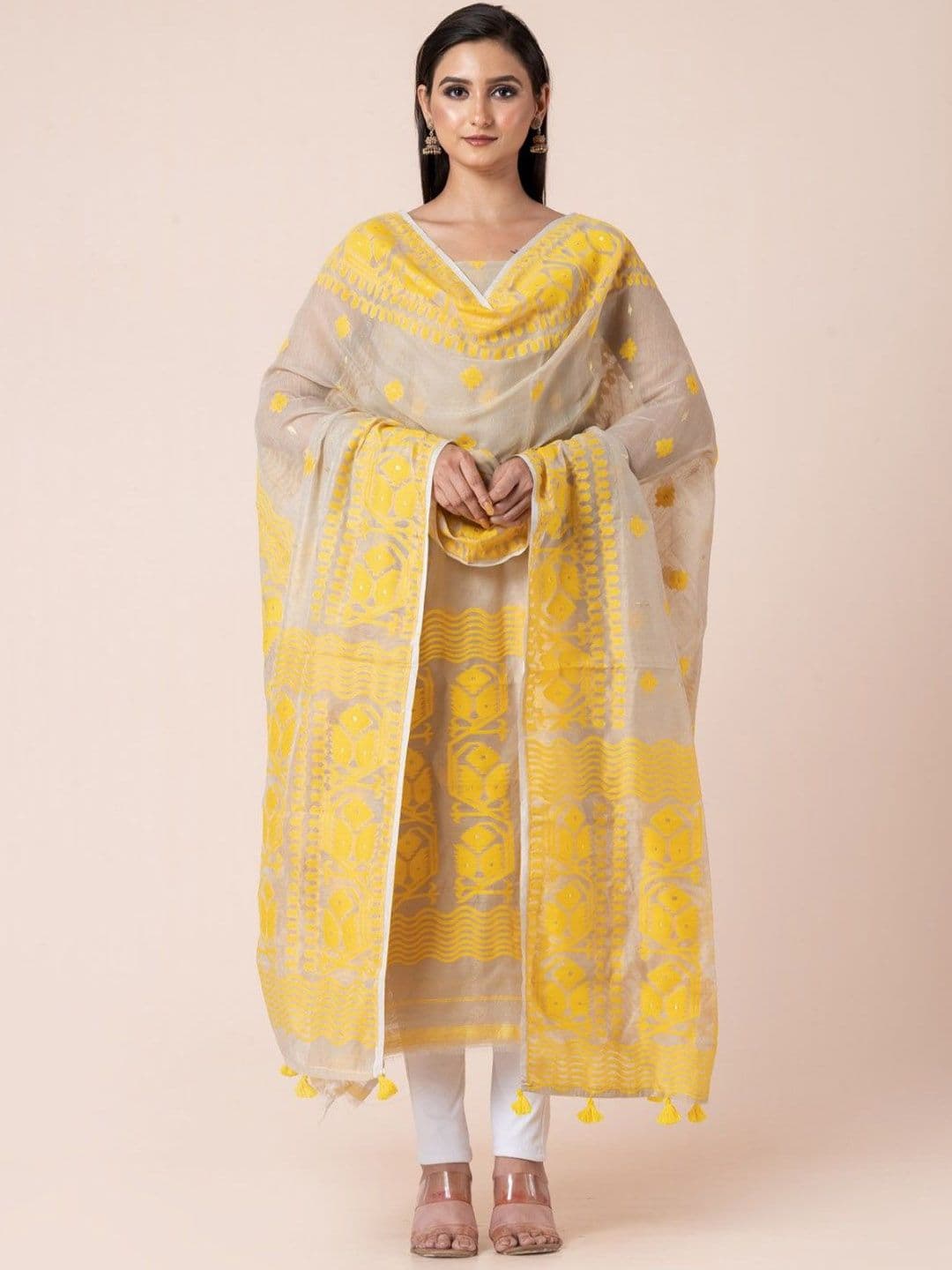 Durga Handlooms Jamdani Woven Design Zari Pure Cotton Unstitched Kurti Material with Dupatta - view 1