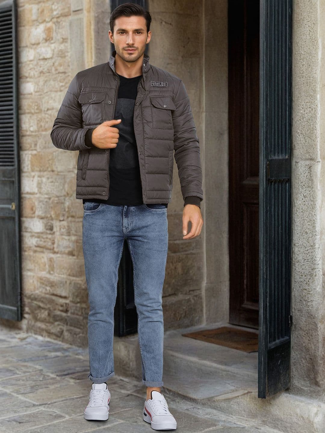 The Indian Garage Co Men Charcoal Grey Solid Padded Jacket - view 1