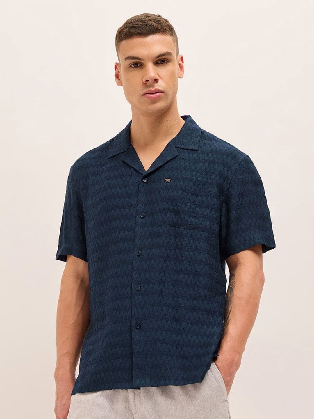 THE BEAR HOUSE Men Relaxed Fit Textured Cuban Collar Casual Shirt - view 1