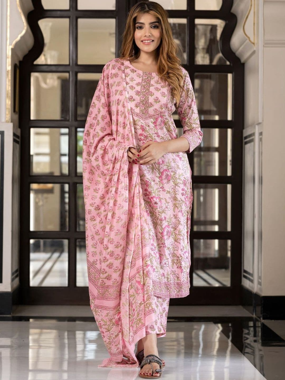 KALINI Women Pink Pure Cotton Three-Quarter Sleeves Kurta Trouser Dupatta Set - view 1