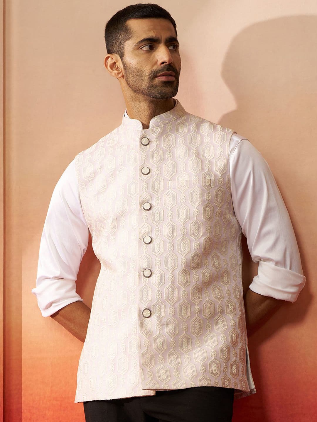 VASTRAMAY Men Ethnic Motifs Woven Design Mandarin Collar Silk Jacquard Nehru Jacket - view 1