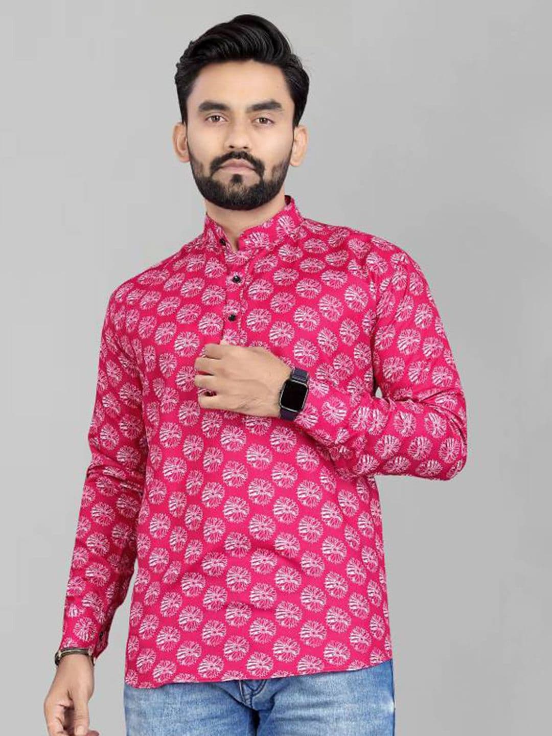 Silver Buck Floral Printed Mandarin Collar Straight Kurta - view 1