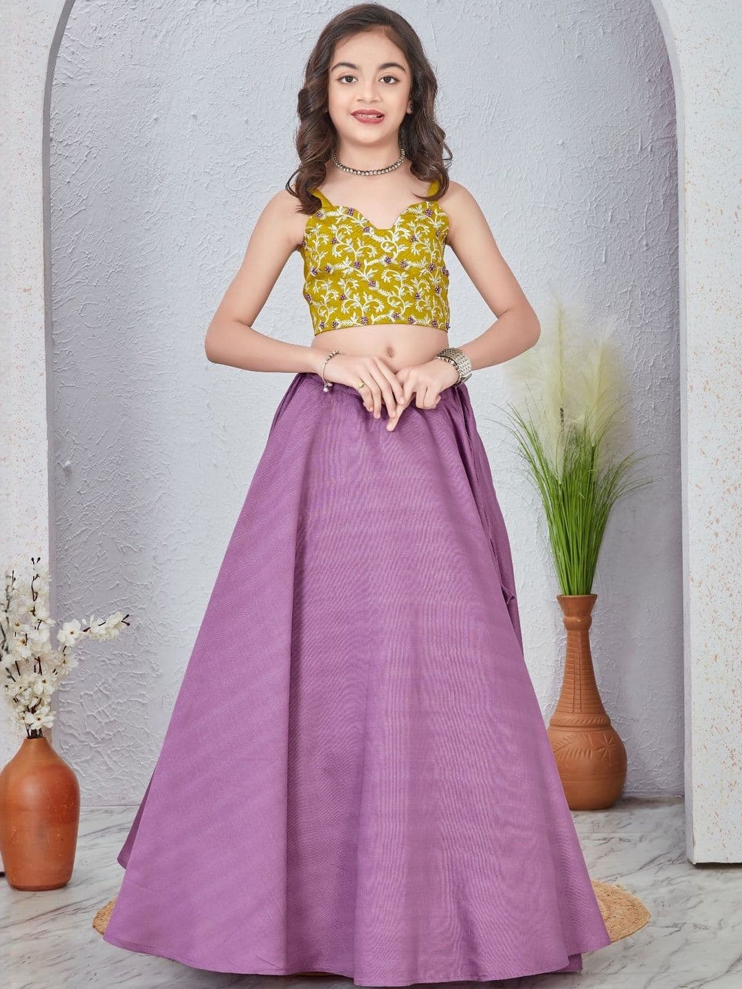 IRSIA Girls Lime Green & Lavender Embroidered Thread Work Lehenga Choli - view 1