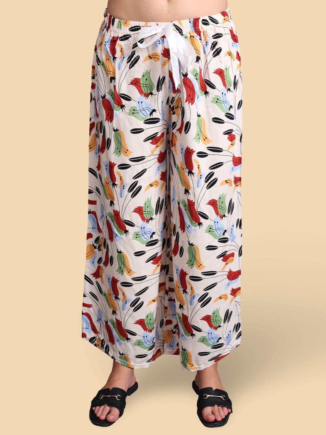 Jinfo Women Floral Printed Wide Leg Fit Knitted Ethnic Palazzos - view 1