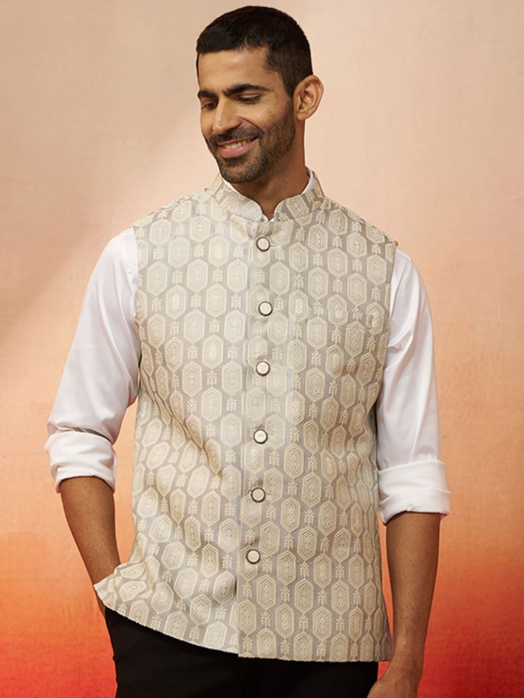 VASTRVASTRAMAYAMAY Woven Design Silk Jacquard Woven Nehru Jacket - view 1