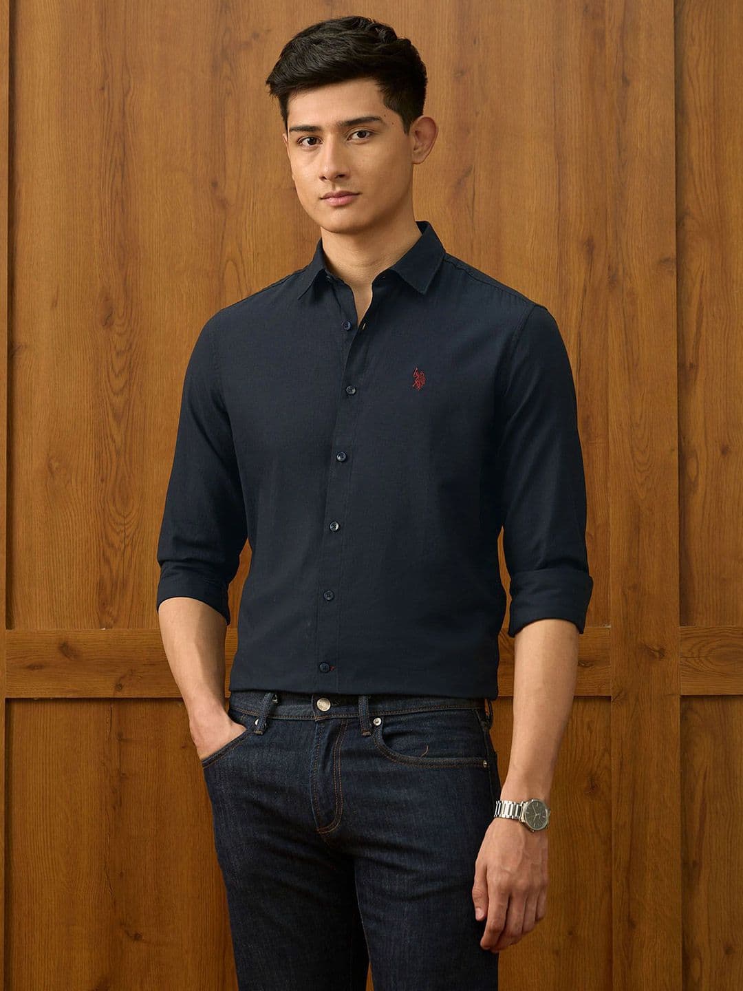 U.S. Polo Assn. Textured Spread Collar Tailored Fit Cotton Shirt - view 1