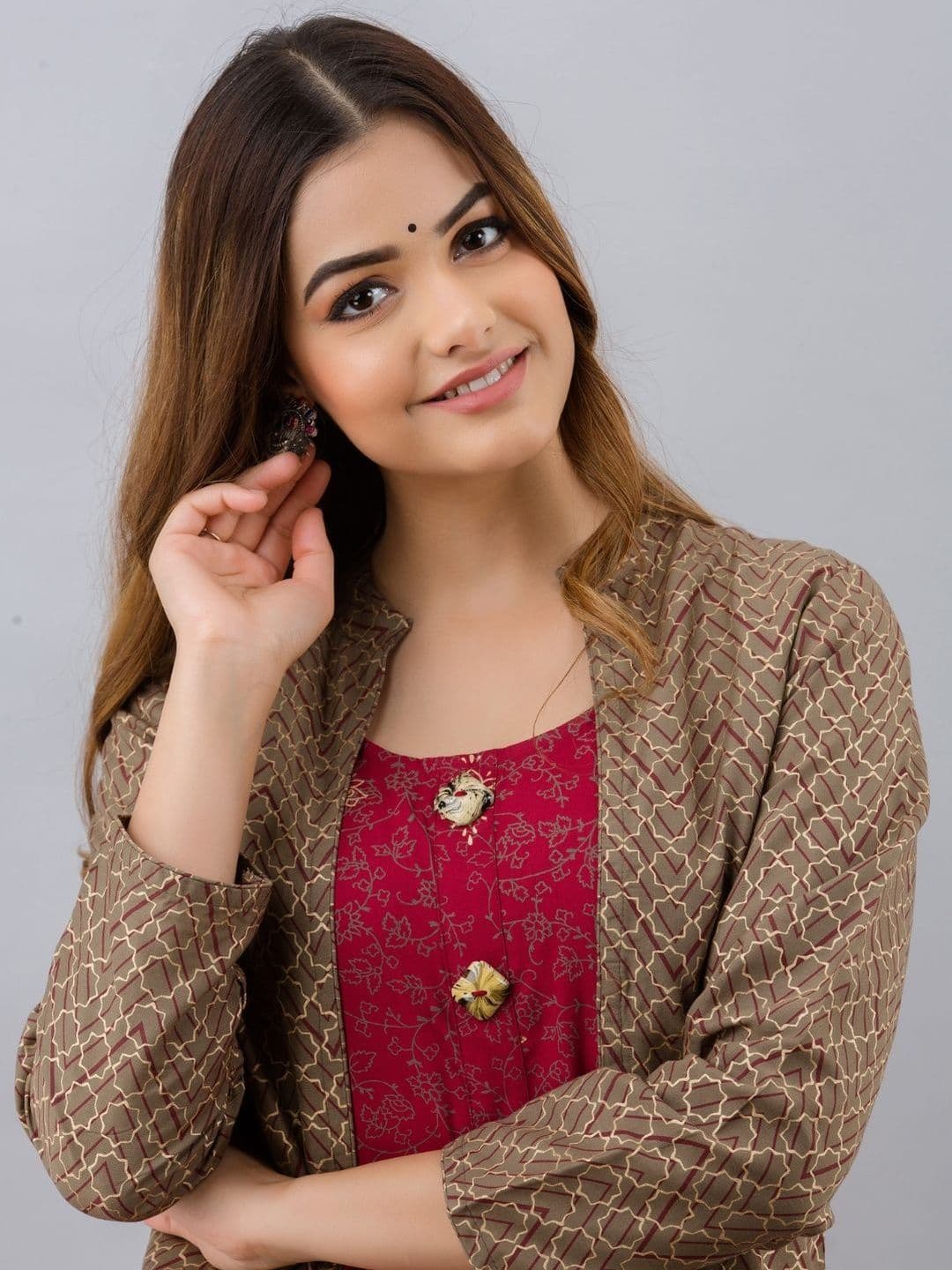 HERE&NOW Floral Printed A-Line Maxi Ethnic Dress With Jacket - view 1