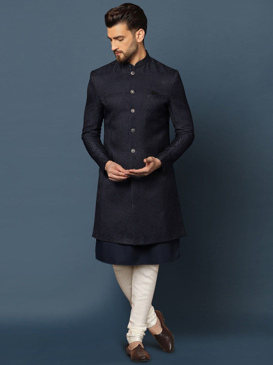 KISAH Men Self Design Cotton Indowestern Sherwani Churidar Set