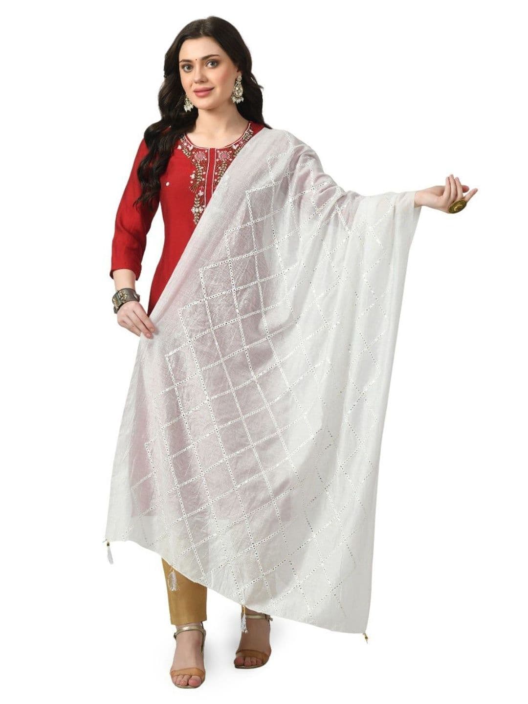 A R SILK DUPATTA HUB Geometric Embroidered Sequinned Chanderi Dupatta - view 1