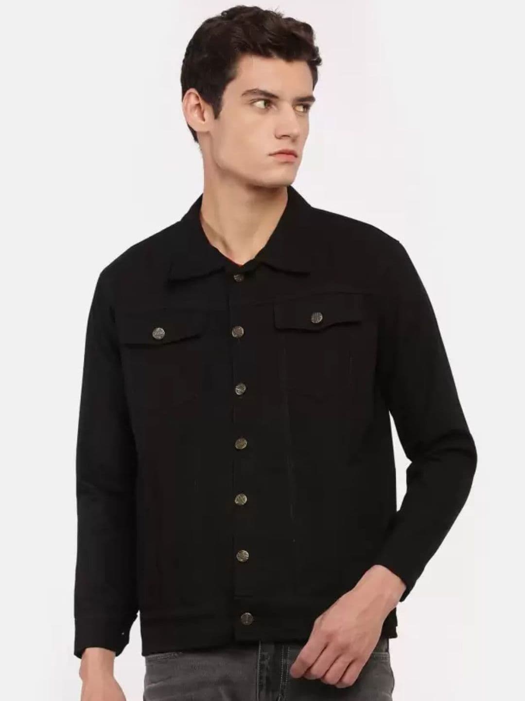 COMFITS Men Spread Collar Solid Cotton Denim Jacket - view 1