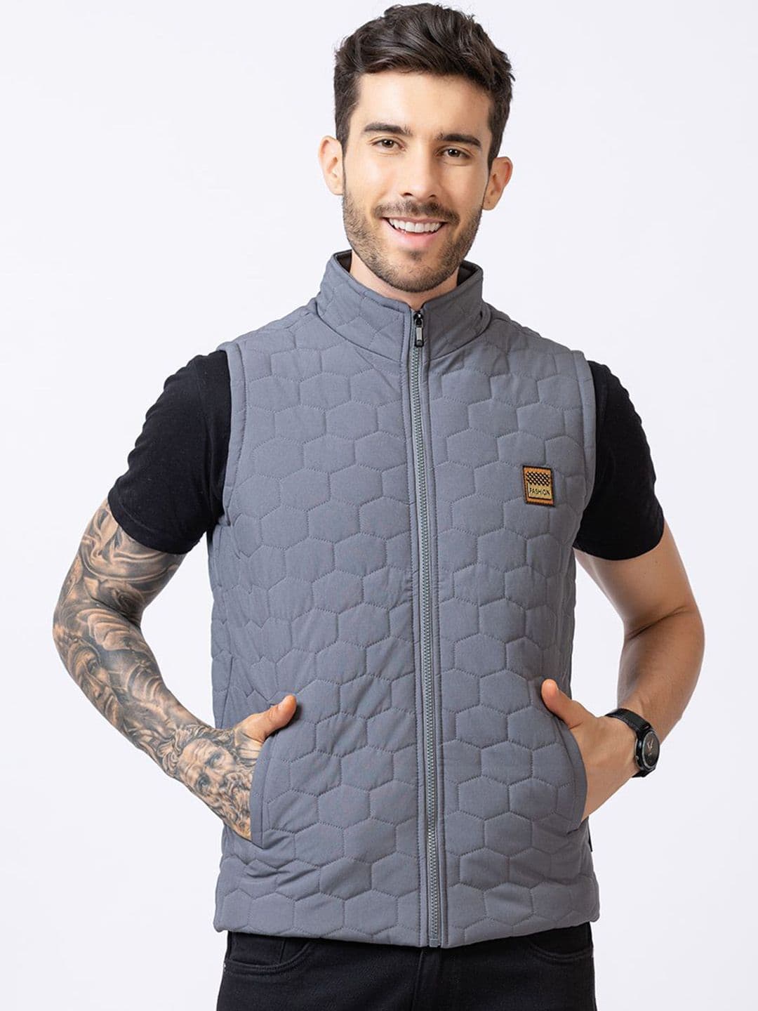 STYLOPLEX Men Stand Collar Self Design Lightweight Gilet Jacket - view 1