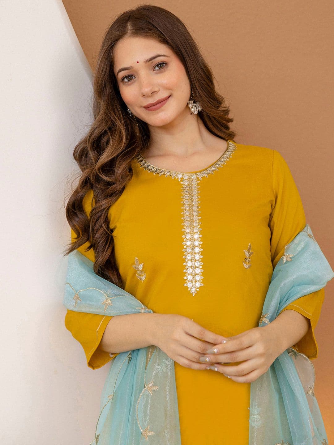 SANISA Women Yellow Chinon Embroidered Kurta & Trousers With Dupatta - view 1