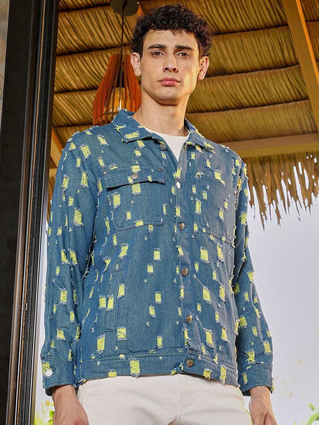 CAHOOT Men Spread Collar Self Design Lightweight Cotton Denim Jacket - view 1