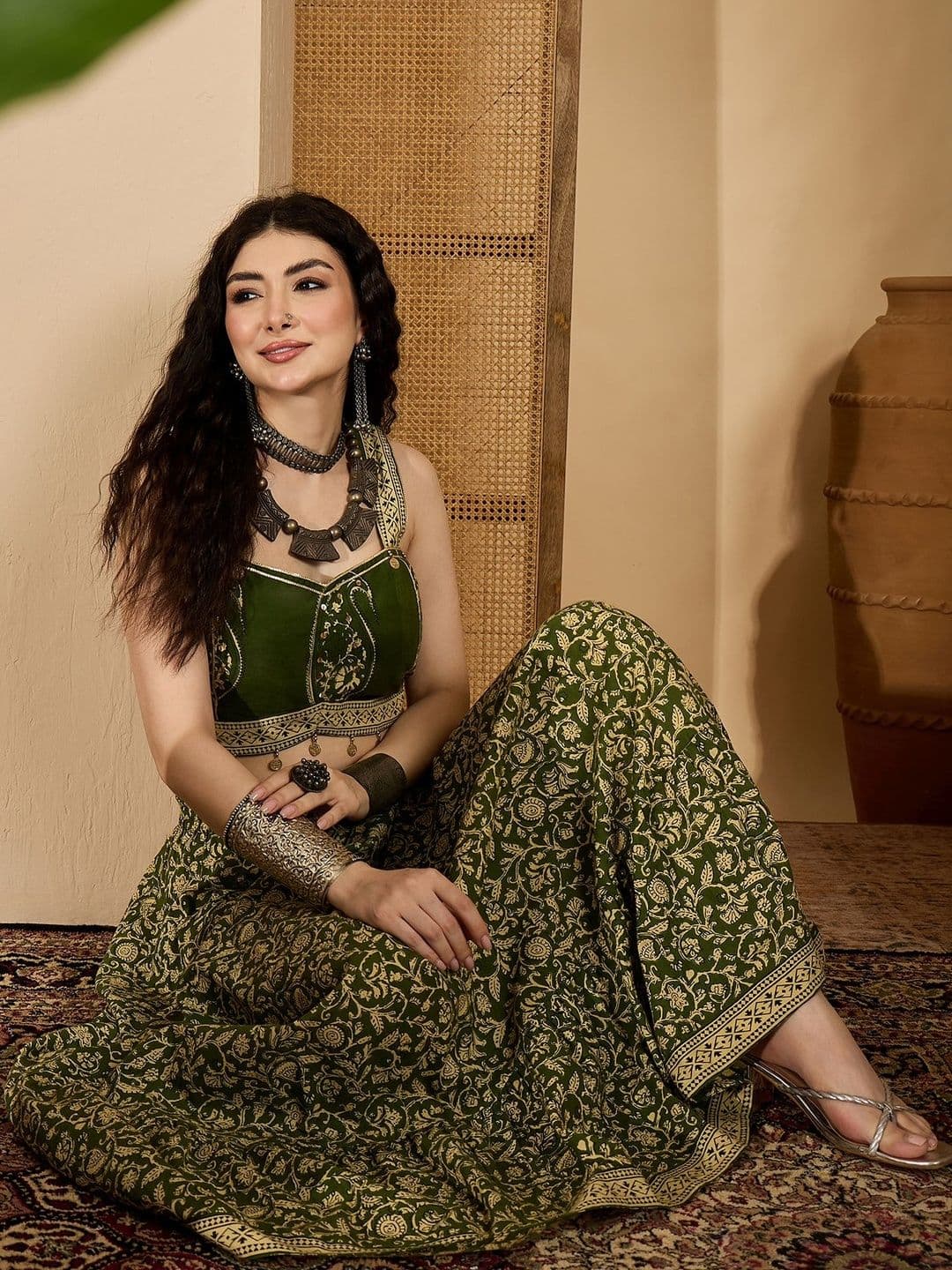 Sangria Women Ethnic Printed Cotton Crop Top With Skirt - view 1