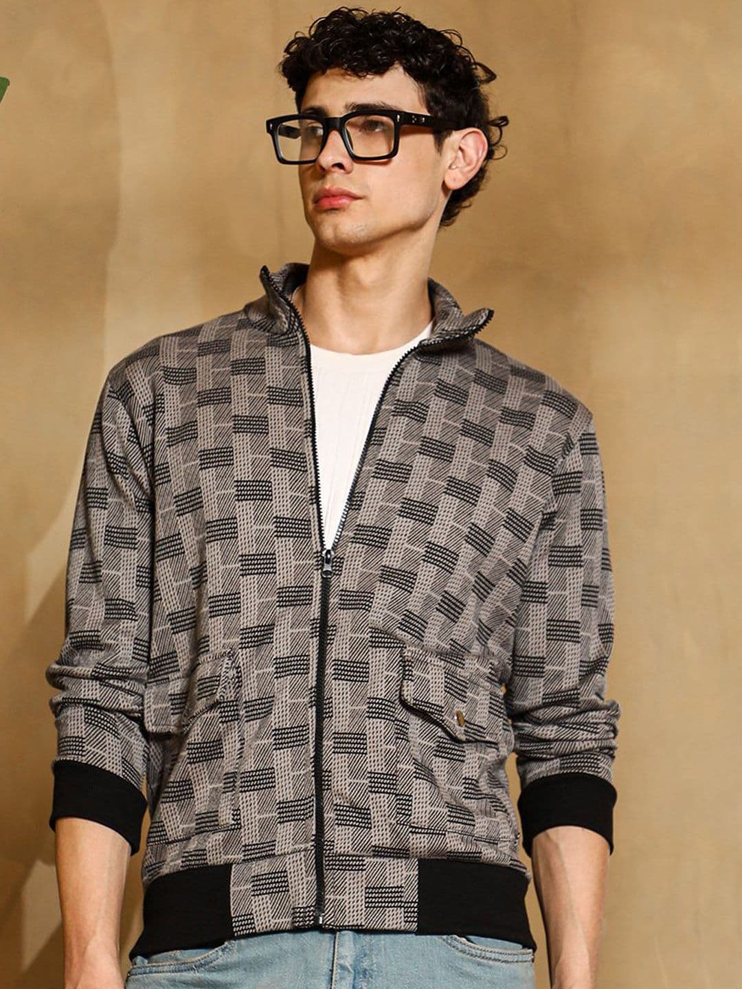 CAHOOT Men Stand Collar Geometric Printed Lightweight Cotton Open Front Jacket - view 1