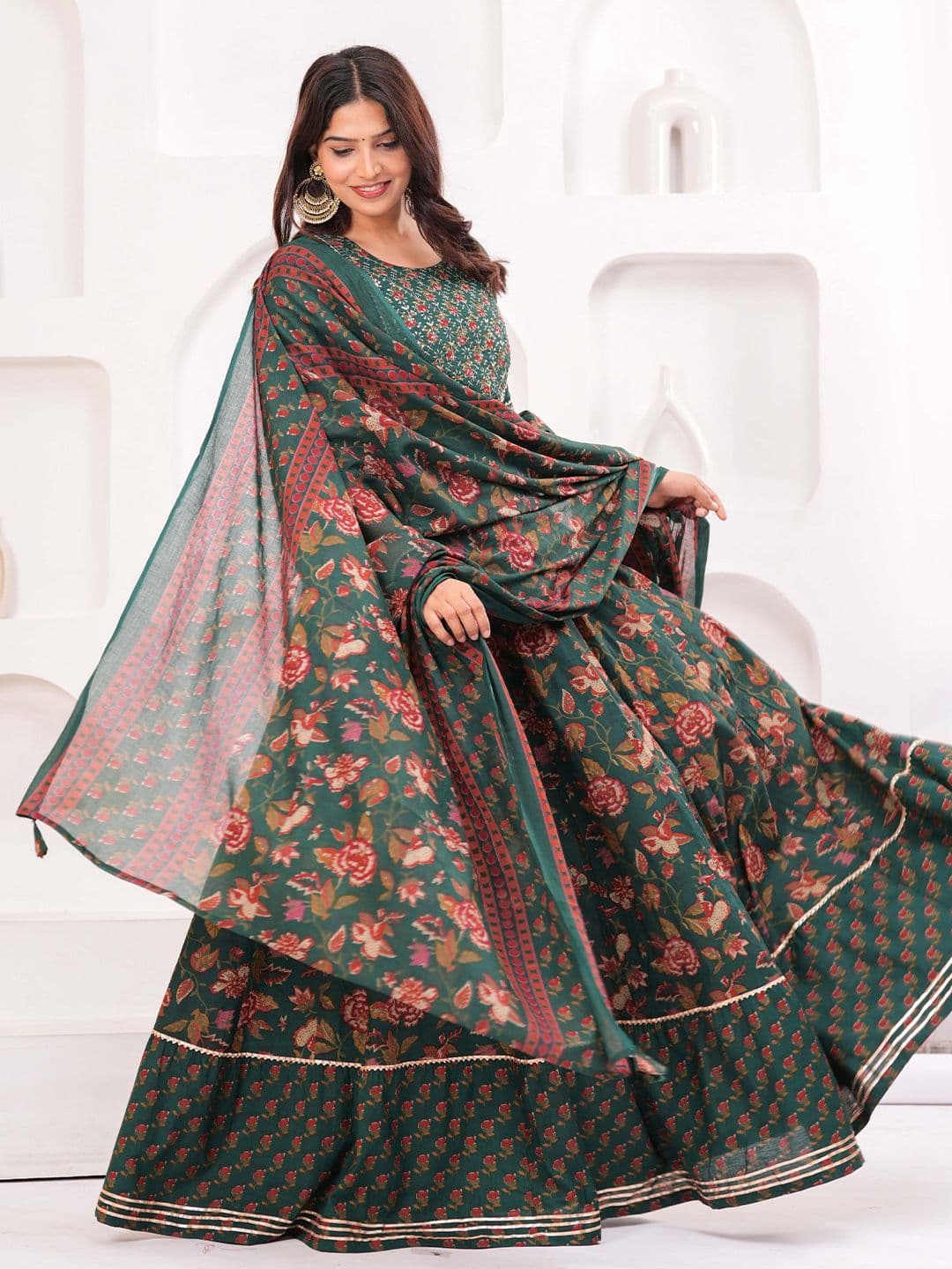 KALINI Women Floral Printed Cotton A-Line Kurti with Skirt & Dupatta - view 1
