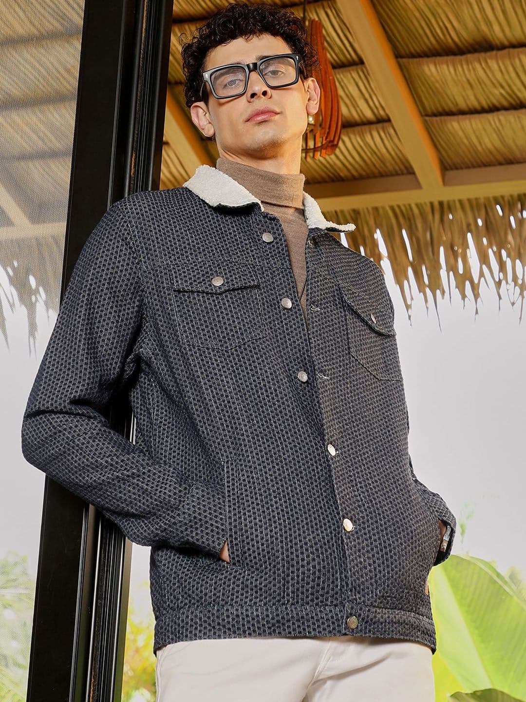 CAHOOT Men Spread Collar Geometric Printed Lightweight Cotton Denim Jacket - view 1