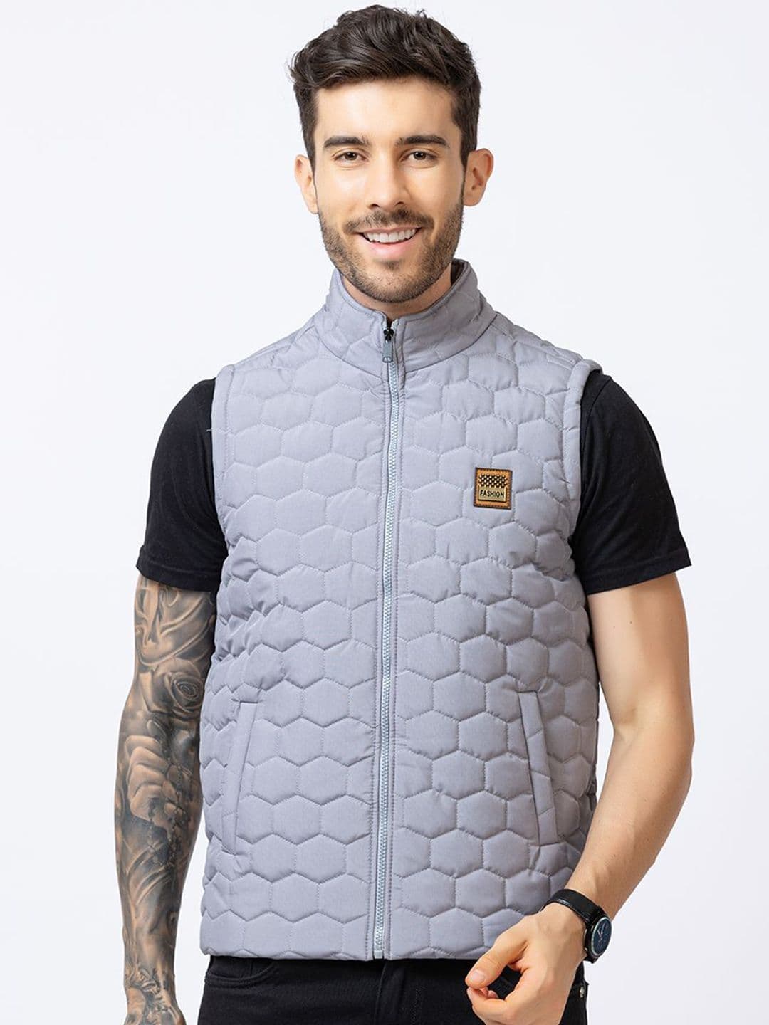 STYLOPLEX Men Stand Collar Self Design Lightweight Gilet Jacket - view 1