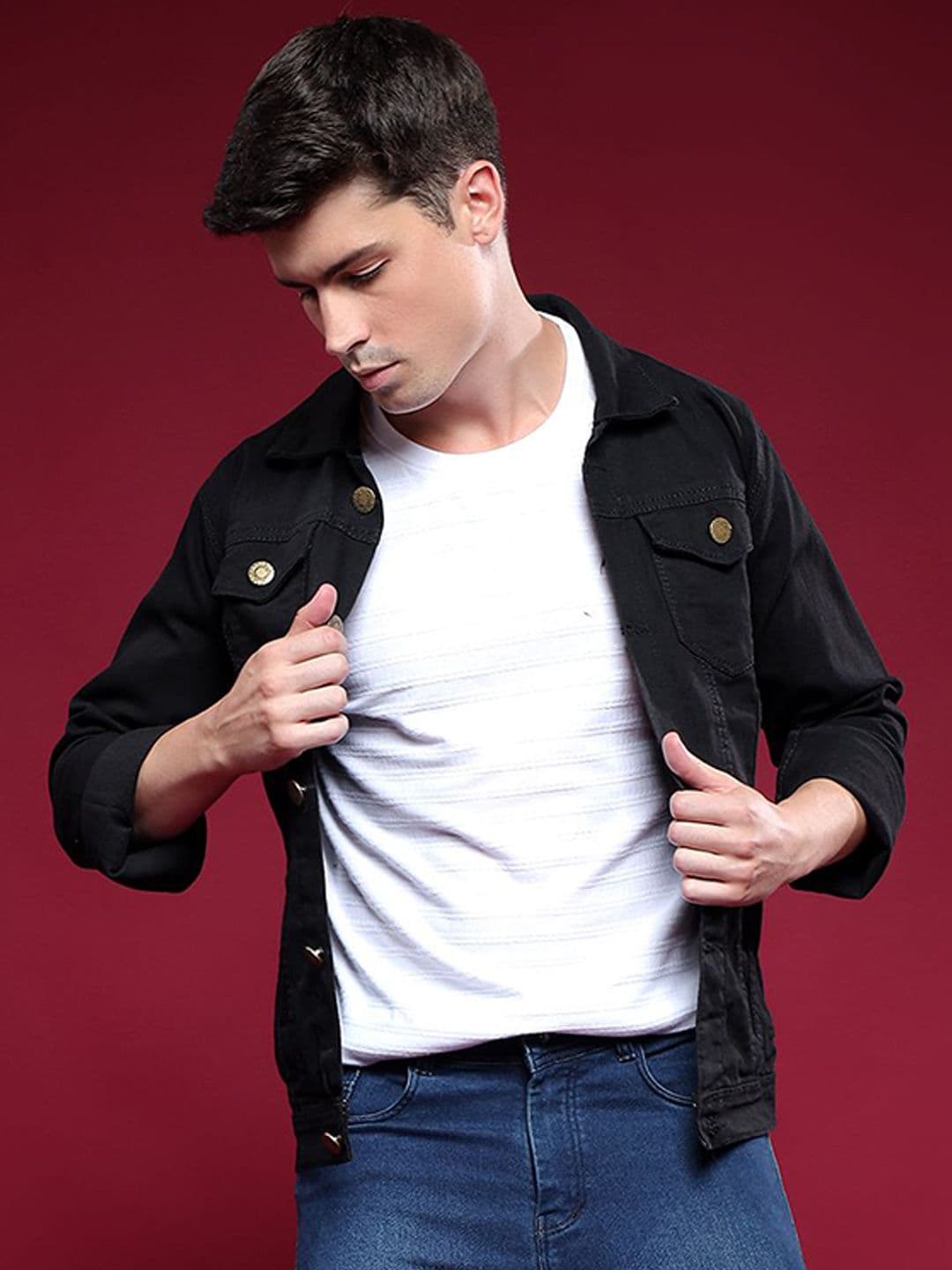 LINARIA Men Spread Collar Solid Denim Jacket - view 1