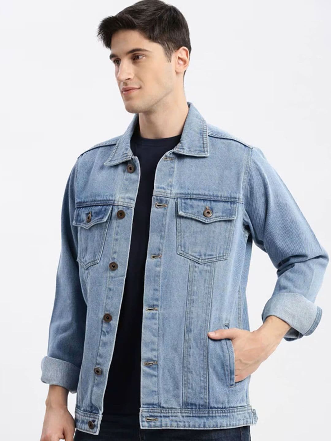 LINARIA Men Spread Collar Solid Denim Jacket - view 1