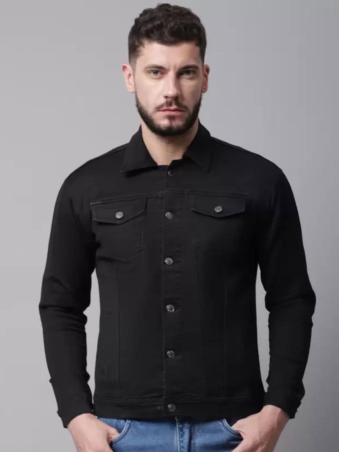 LINARIA Men Spread Collar Solid Cotton Denim Jacket - view 1