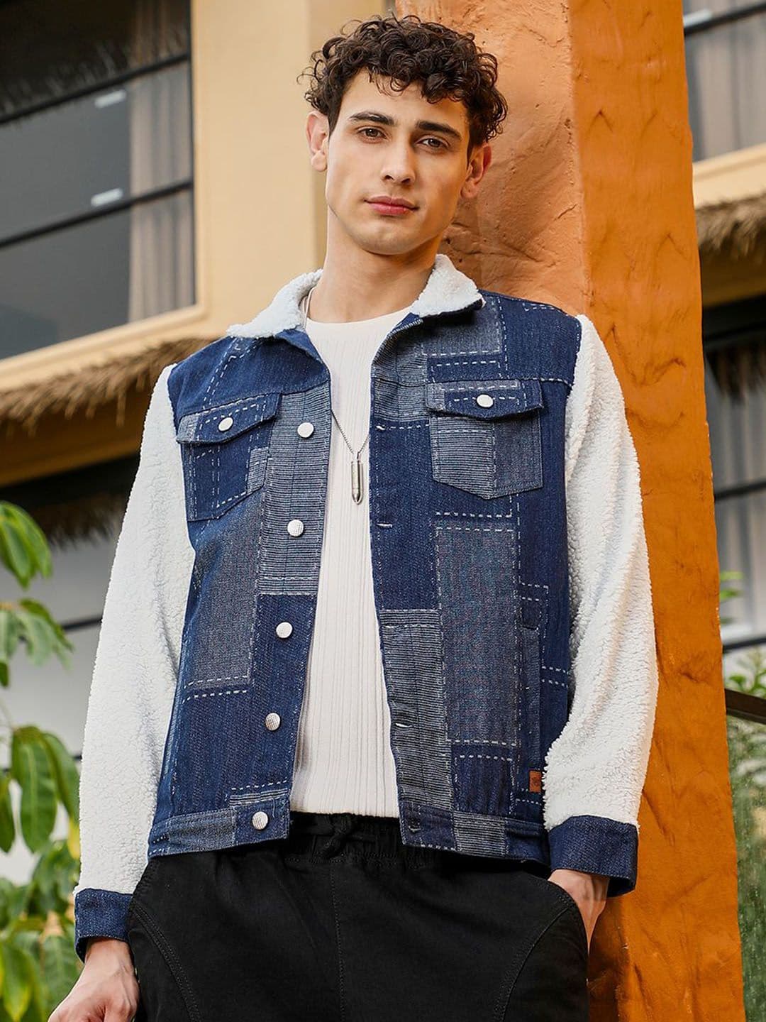 CAHOOT Men Spread Collar Colourblocked Self Design Lightweight Cotton Denim Jacket - view 1