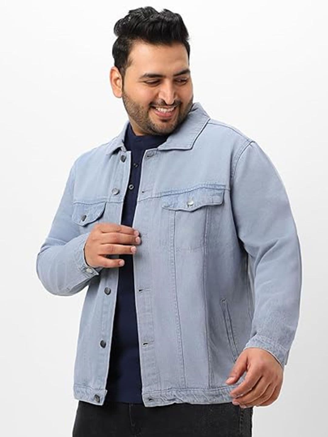 LINARIA Men Plus Size Spread Collar Solid Denim Jacket - view 1