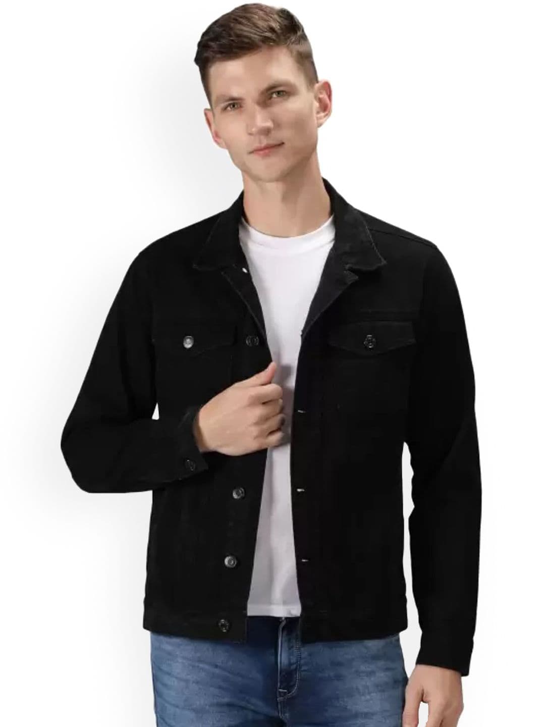 LINARIA Men Spread Collar Solid Cotton Denim Jacket - view 1