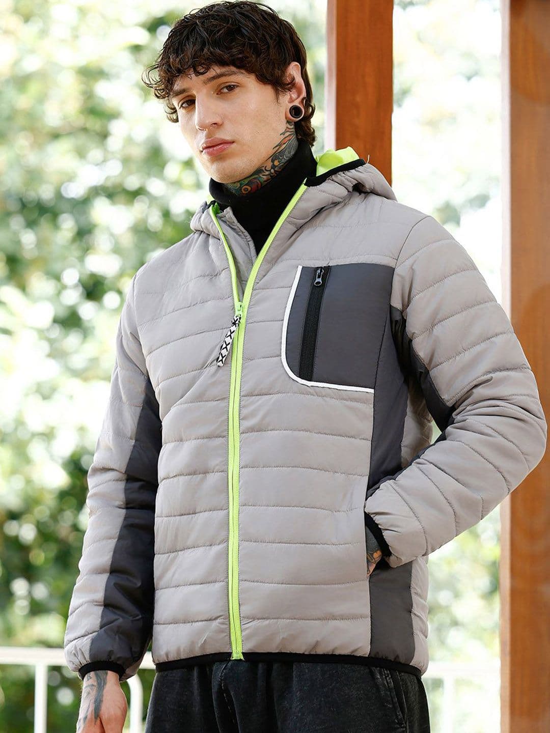 CAHOOT Men Hooded Colourblocked Self Design Lightweight Puffer Jacket - view 1