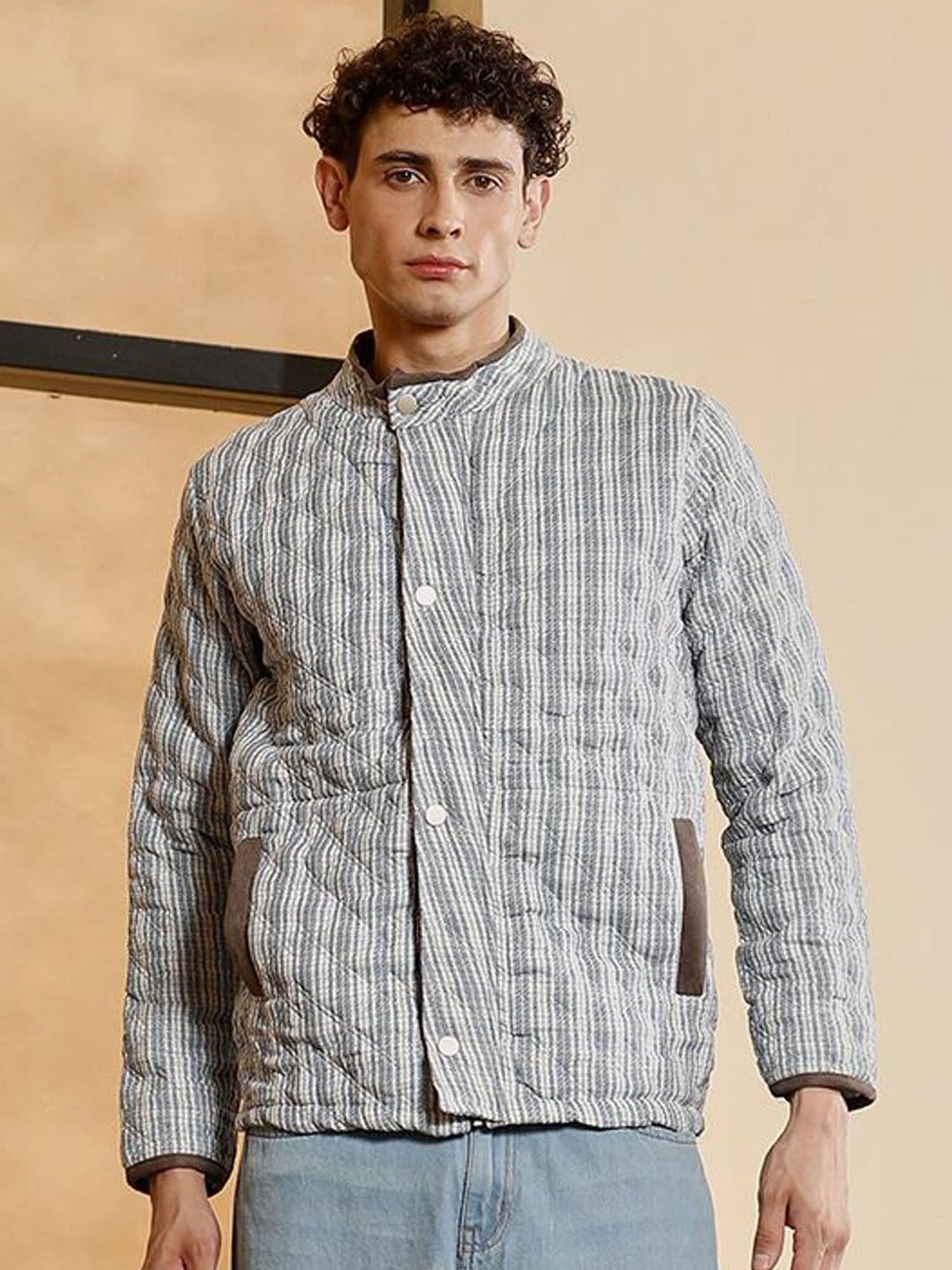 CAHOOT Men Mandarin Collar Striped Lightweight Cotton Quilted Jacket - view 1