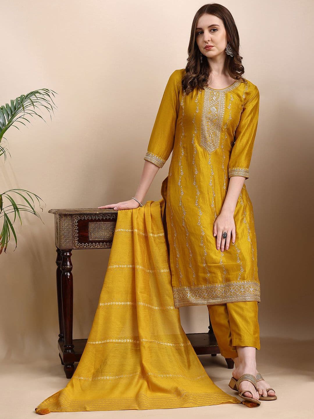 HRITIKA Women Ethnic Motifs Embroidered Kurta with Trouser & Dupatta - view 1
