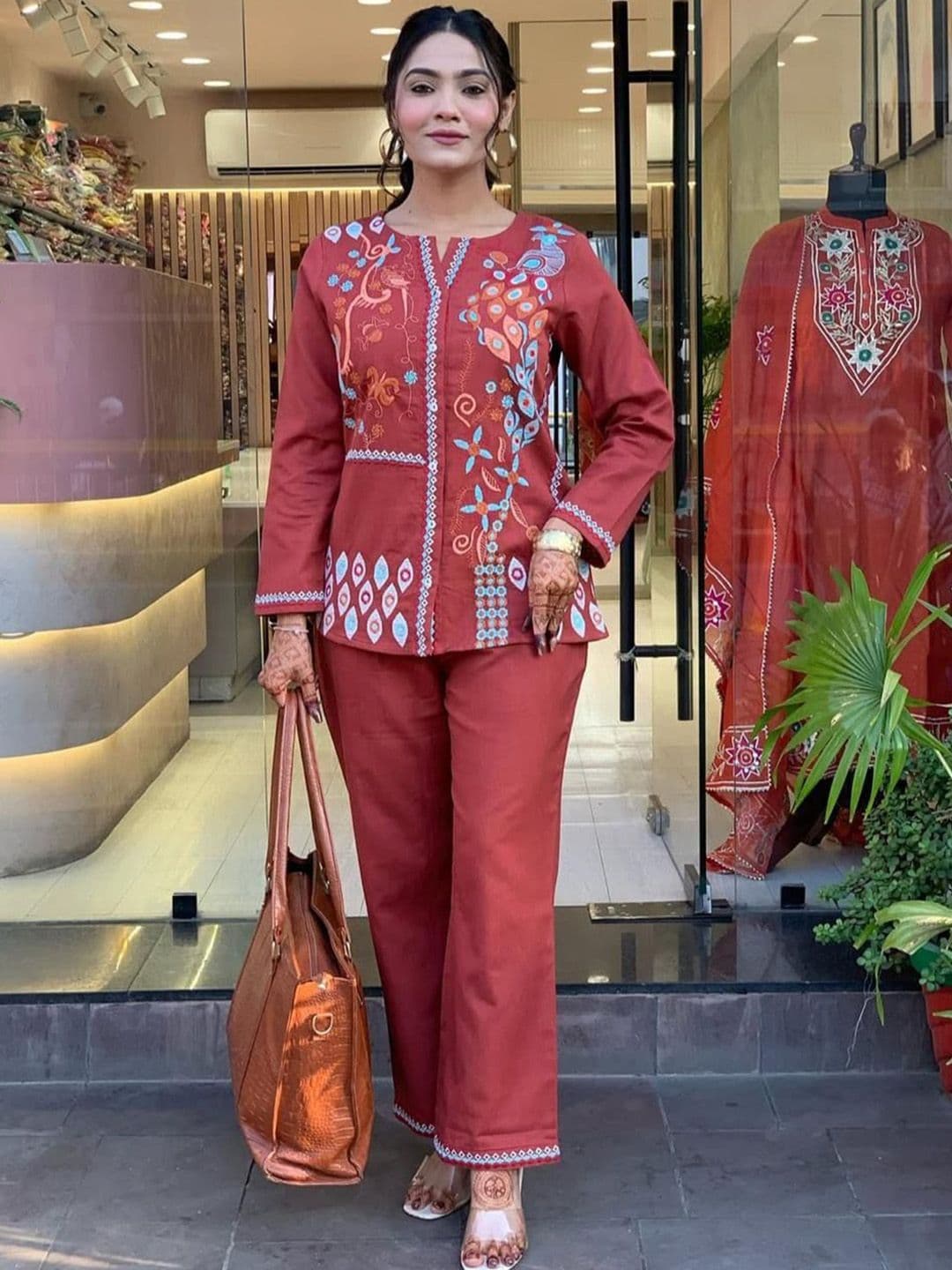 Toflei Embroidered Notch Neck Top with Trousers - view 1
