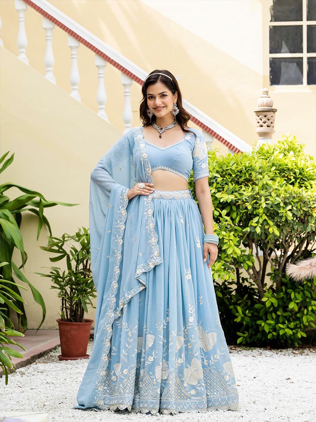 JIHU CULTURE Embroidered Georgette Semi-Stitched Lehenga & Unstitched Blouse With Dupatta - view 1