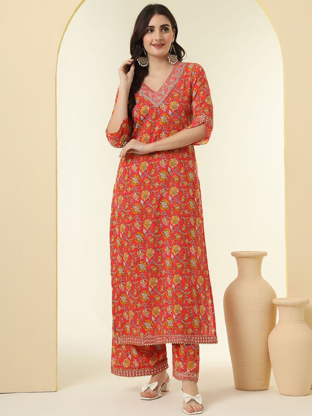 NYPA Floral Printed V-Neck Mirror Work Pure Cotton Straight Kurta With Palazzos - view 1