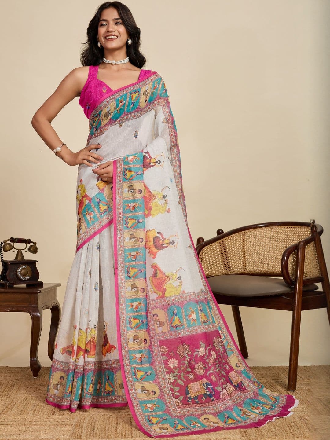 all about you Kalamkari Printed Zari Pure Linen Saree With Blouse - view 1