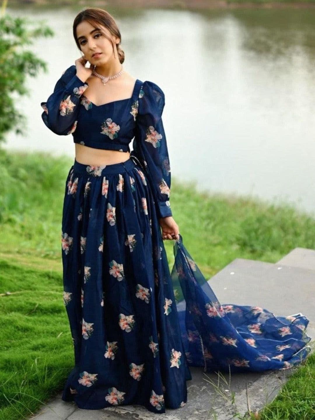 Thread & Button Floral Printed Ready to Wear Lehenga Blouse With Dupatta - view 1