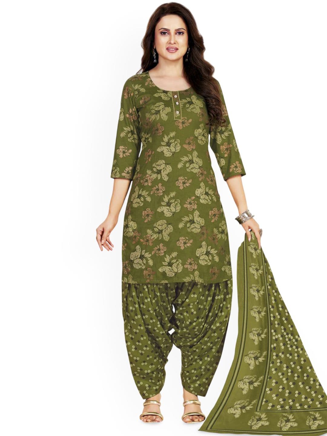 MIRAAN Floral Printed Round Neck Pure Cotton Straight Kurta & Patiala With Dupatta - view 1