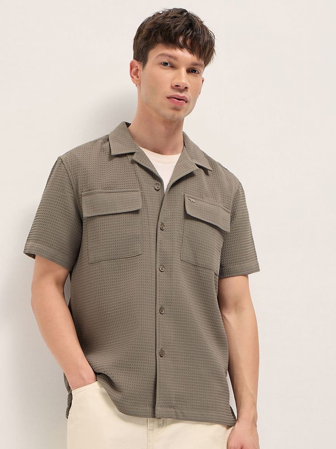 THE BEAR HOUSE Men Textured Cuban Collar Casual Shirt - view 1