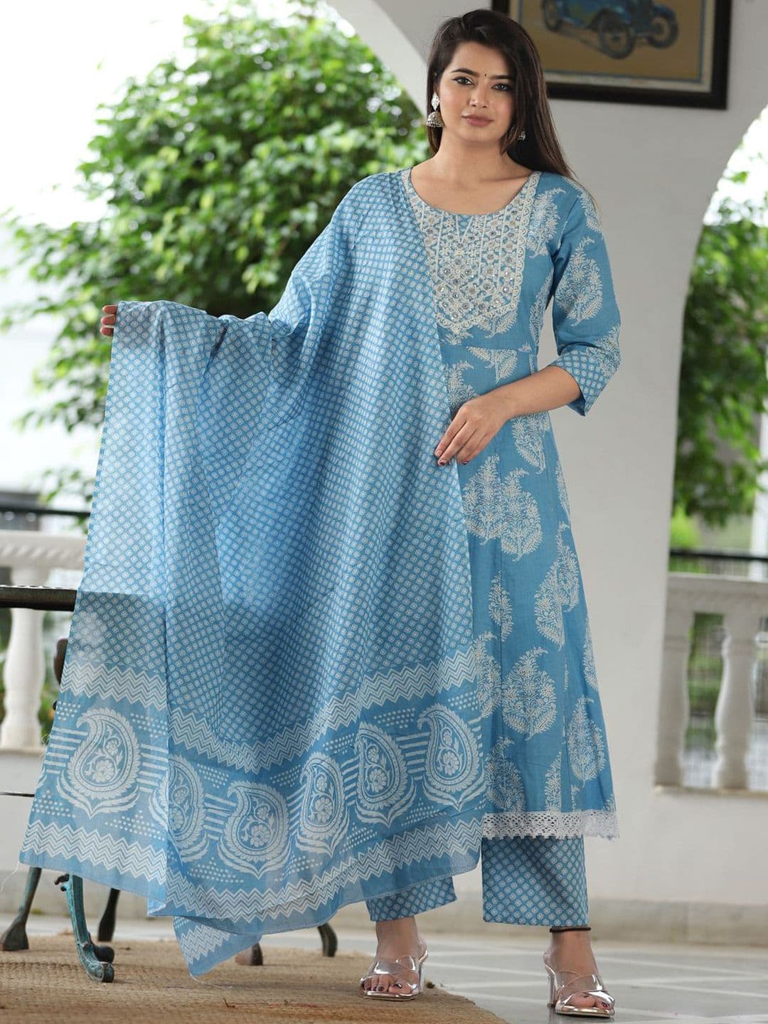SINGNI Ethnic Motifs Embroidered Pure Cotton Anarkali Kurta With Trousers & Dupatta - view 1